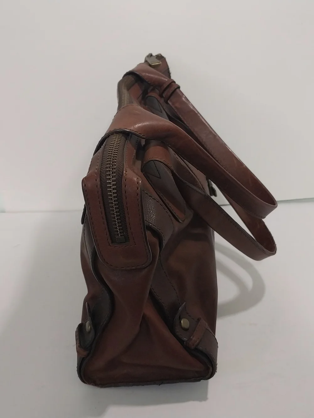 Fossil Brown Leather Unisex Satchel With Key Charm